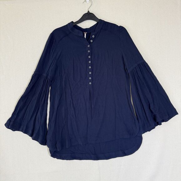 Free People Easy Girl Bell Long Sleeve Knit Blouse Navy Blue Women Size Small - Picture 1 of 7